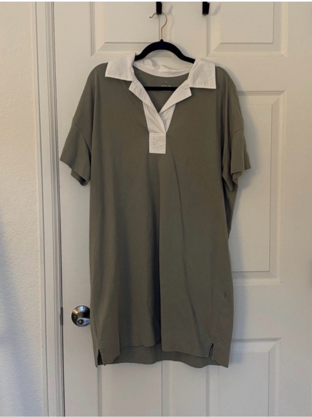 Everlane Green and White Cotton Polo Collared Shift Shirt Dress XL